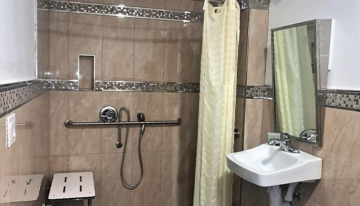 Large Roll in shower with drop down seat, removable shower wand, grab bars, accessible sink, mirror and toilet.