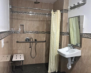 Large Roll in shower with drop down seat, removable shower wand, grab bars, accessible sink, mirror and toilet.